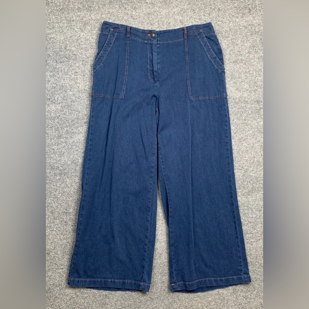 Max Studio Pants Womens XL Extra Large Blue Cotton Piqué Wide Leg Cropped Baggy